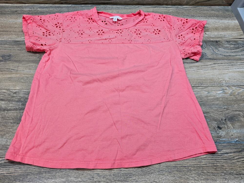 Time and Tru Women's Small 4-6 Coral Pink Eyelet Short Sleeve Cotton Top Shirt